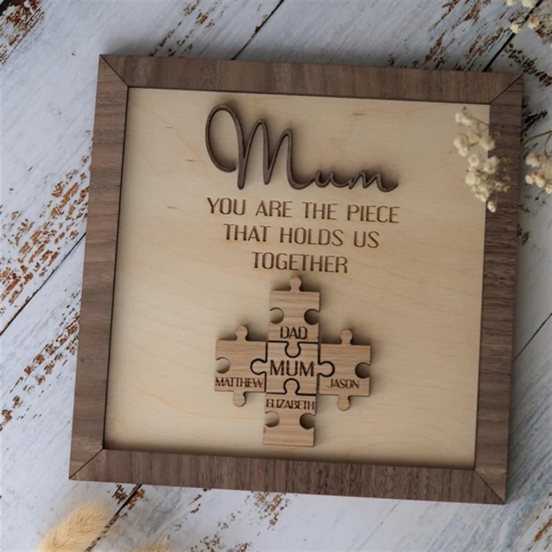 Handmade Personalized Wood Mom Puzzle Sign | Mom You Are The Piece That Holds Us Together | Mother's Day Gift